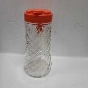 Vintage Tang 1 QT Glass Juice Pitcher with Orange Handled Lid w Spout & Cap
